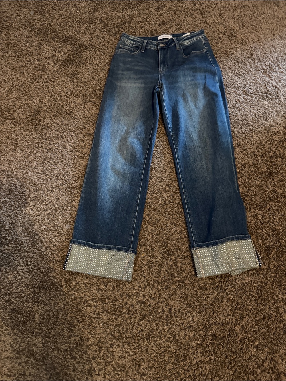 Flying Monkey Dark Indigo Straight Leg Jeans with Rhinestone Cuffs